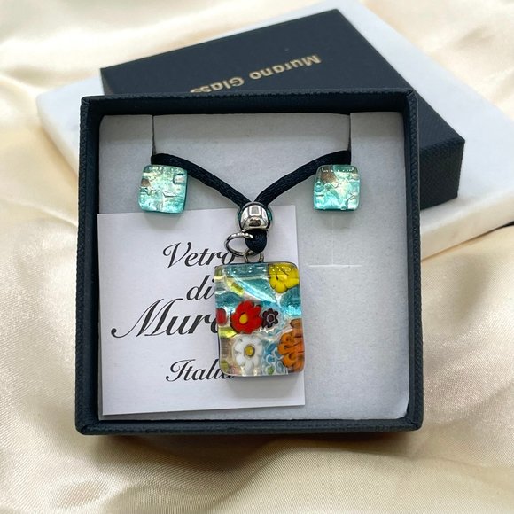 Italian Murano Glass Pendant Necklace & Earrings Set In Sterling Silver - Picture 4 of 5